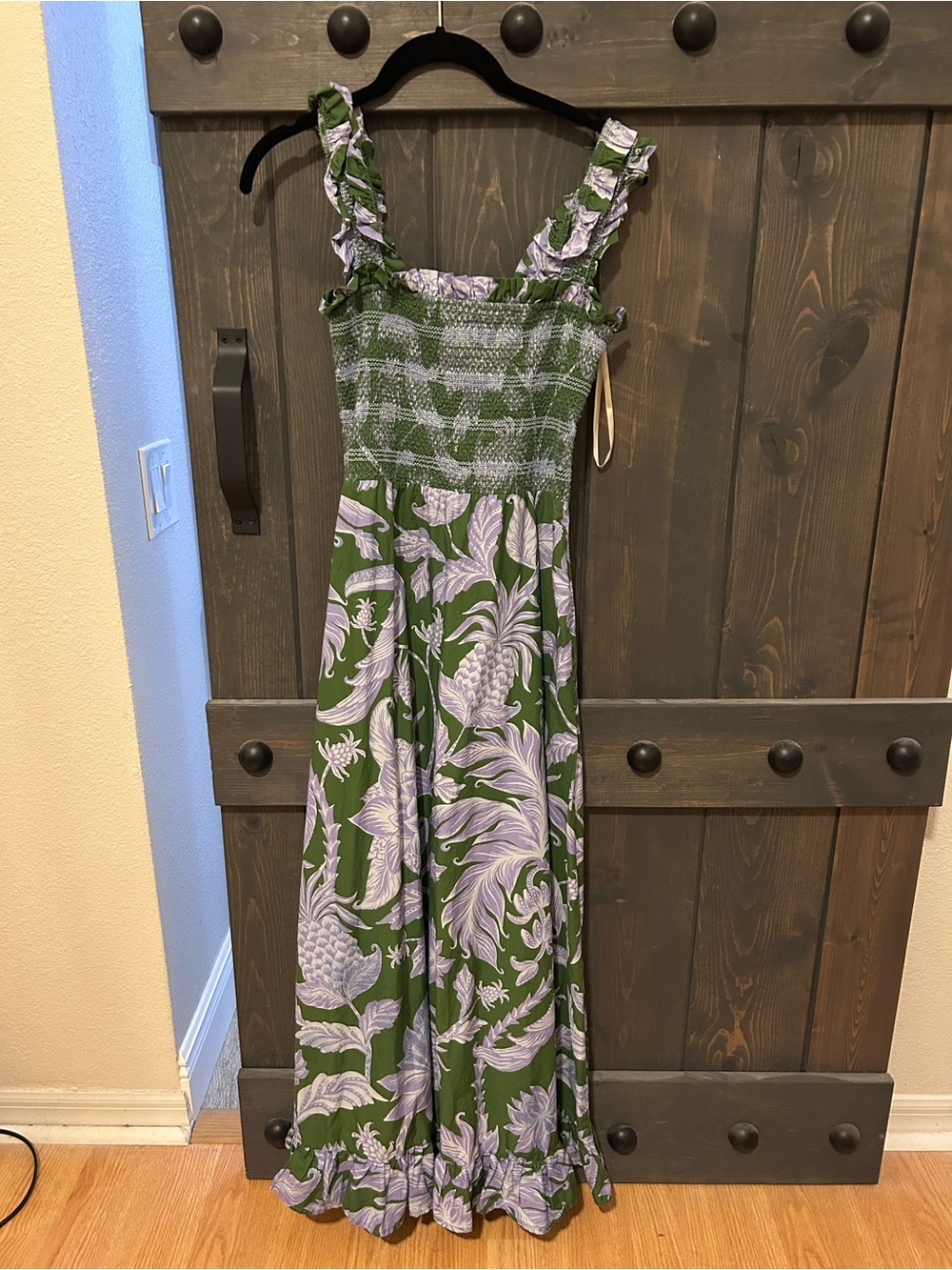 FARM Rio Tropical Swing smocked  Green  Dress with Light Blue Floral Print M - Picture 7 of 7